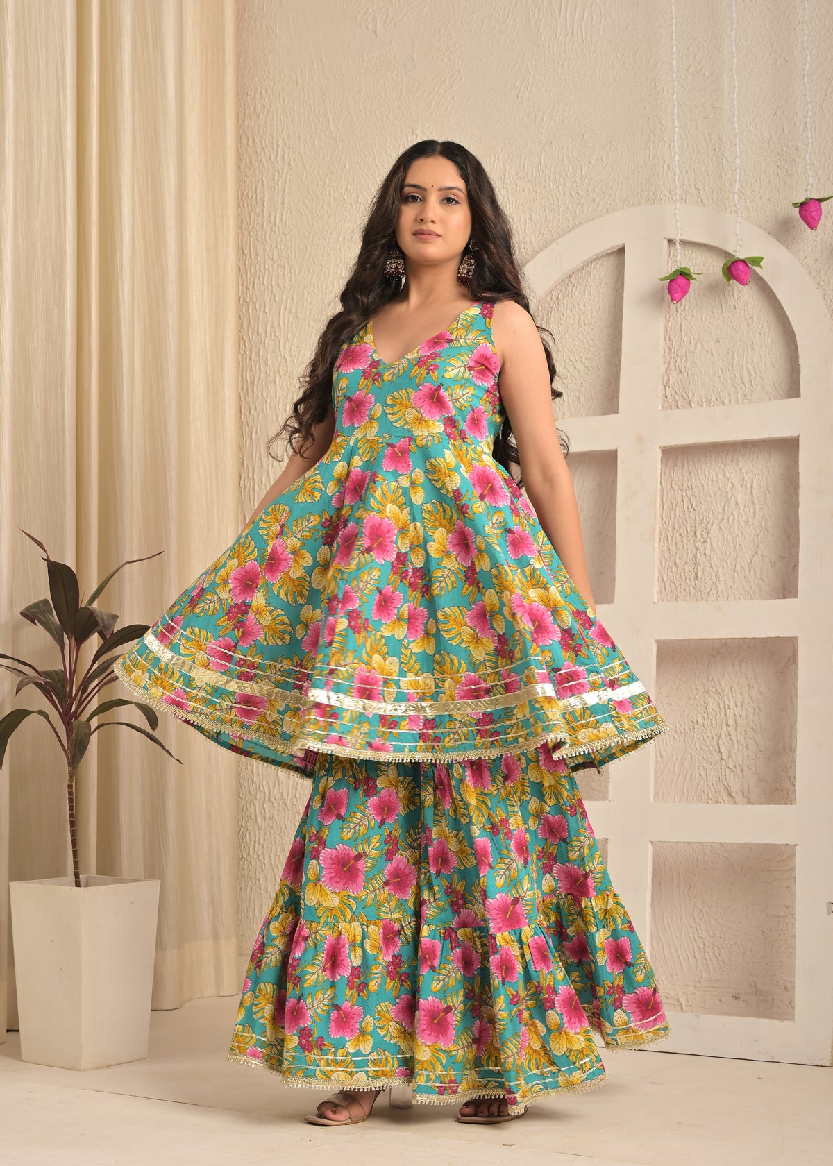 Aqua Bloom Cotton Anarkali Sharara Set with Pink Dupatta