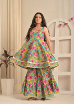 Aqua Bloom Cotton Anarkali Sharara Set with Pink Dupatta