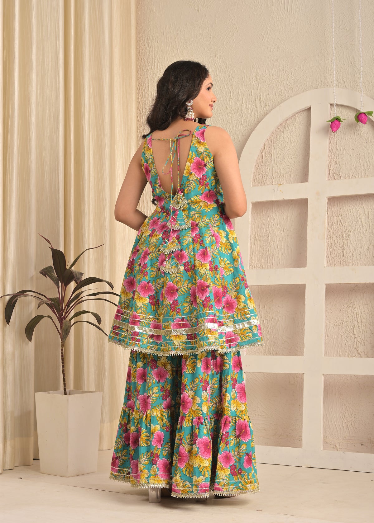 Aqua Bloom Cotton Anarkali Sharara Set with Pink Dupatta