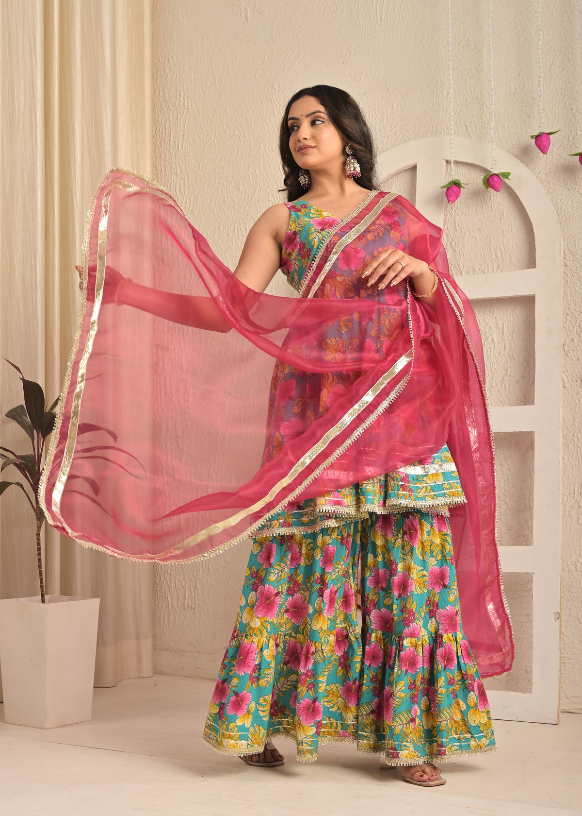 Aqua Bloom Cotton Anarkali Sharara Set with Pink Dupatta