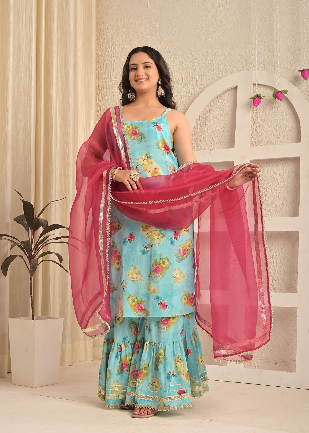 Sky Bloom Moss Crepe Printed Sharara Set with Pink Dupatta