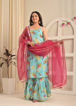Sky Bloom Moss Crepe Printed Sharara Set with Pink Dupatta