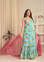 Sky Bloom Moss Crepe Printed Sharara Set with Pink Dupatta