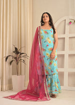 Sky Bloom Moss Crepe Printed Sharara Set with Pink Dupatta