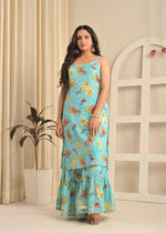 Sky Bloom Moss Crepe Printed Sharara Set with Pink Dupatta