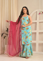 Sky Bloom Moss Crepe Printed Sharara Set with Pink Dupatta