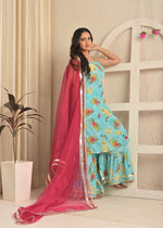 Sky Bloom Moss Crepe Printed Sharara Set with Pink Dupatta