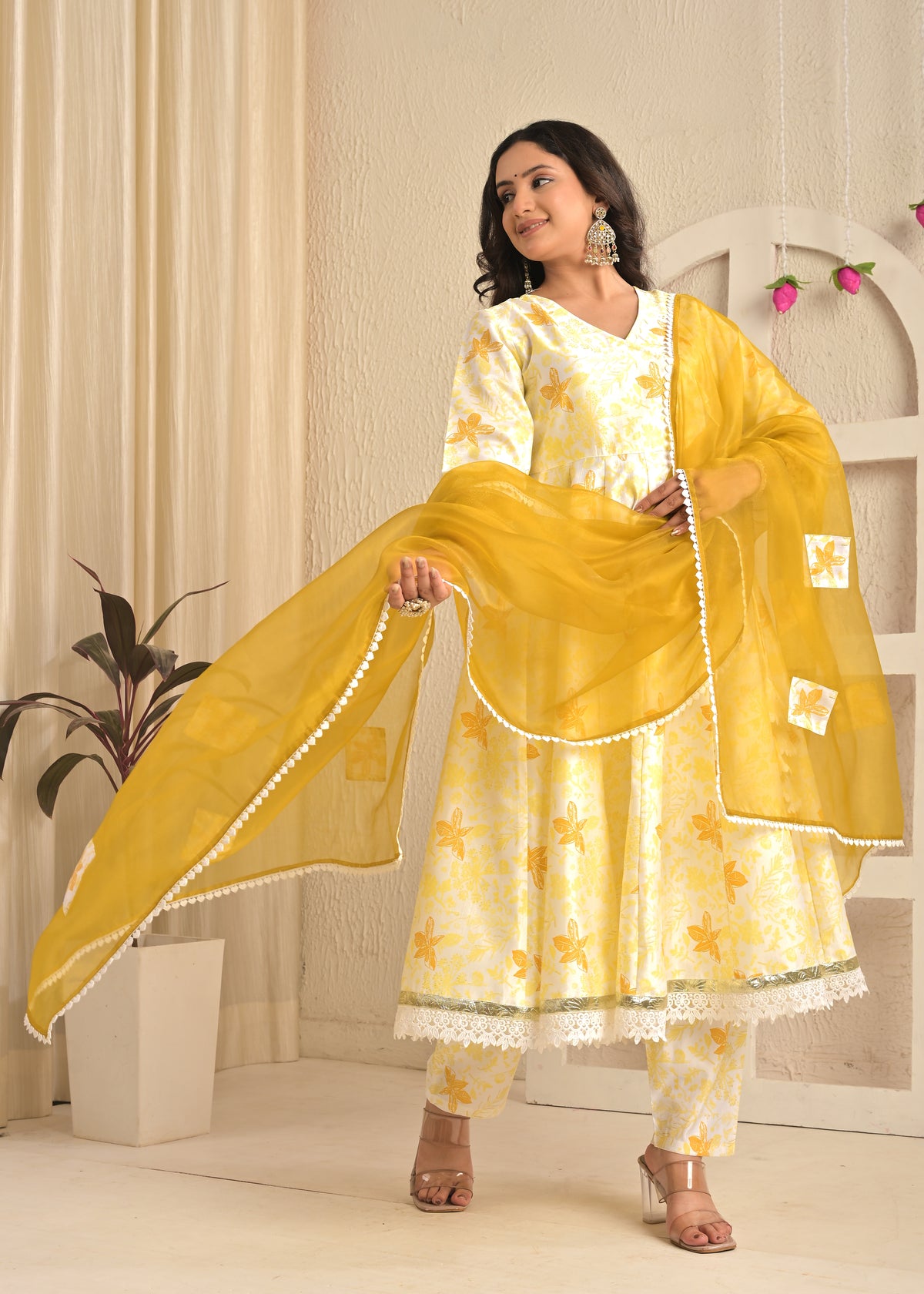 Sunlit Mustard Angrakha Printed Set with Organza Dupatta
