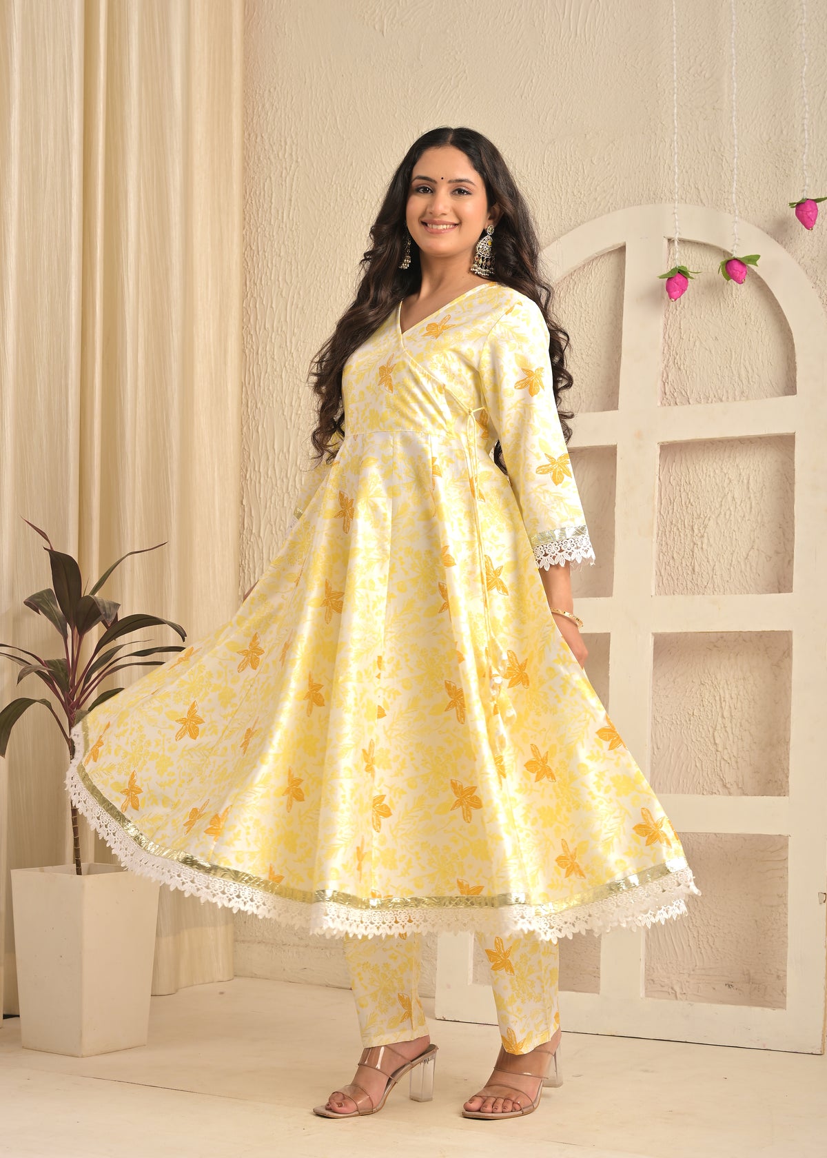 Sunlit Mustard Angrakha Printed Set with Organza Dupatta