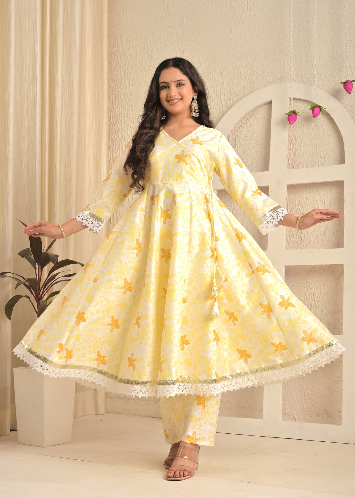 Sunlit Mustard Angrakha Printed Set with Organza Dupatta