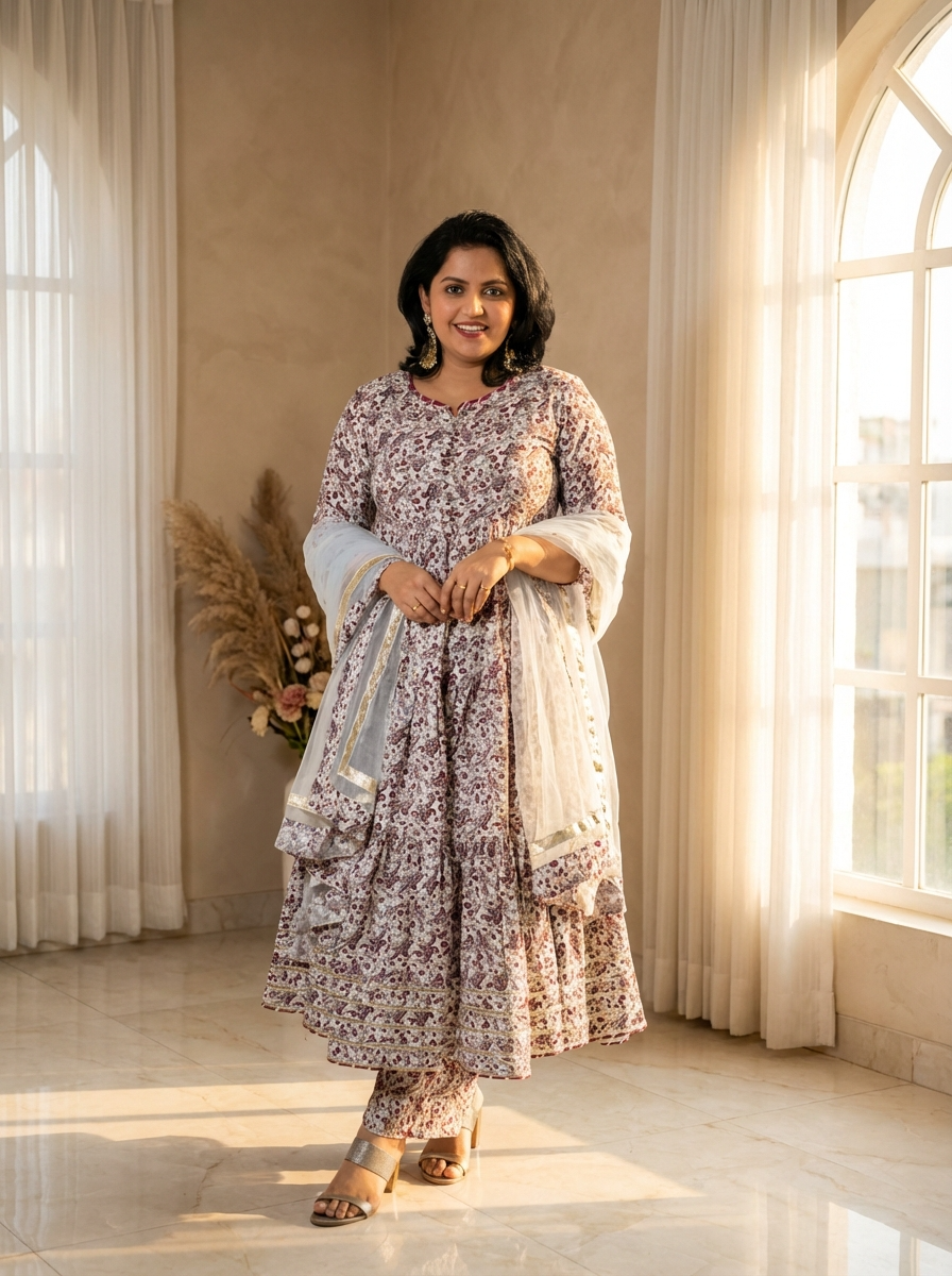Wine Floral Butter Fabric Anarkali Suit Set with Filloxy Net Dupatta