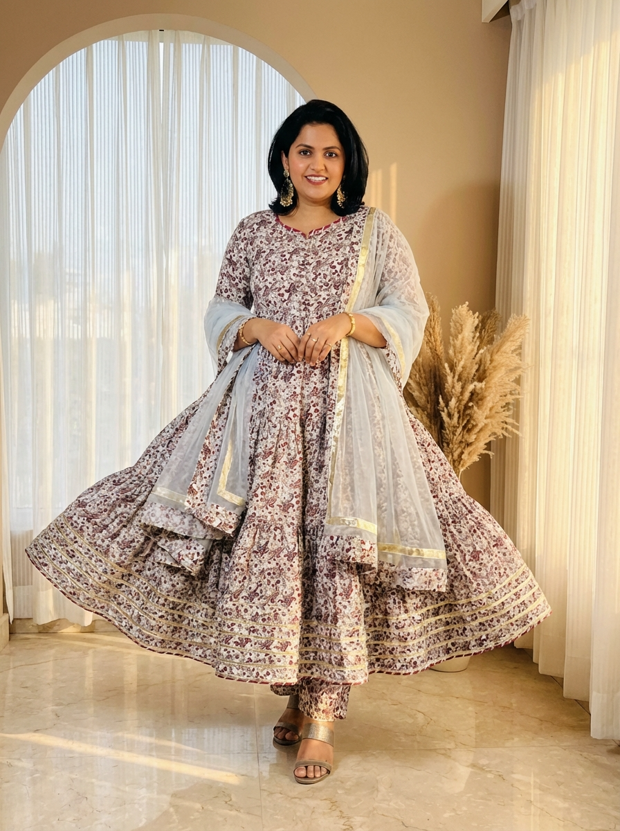 Wine Floral Butter Fabric Anarkali Suit Set with Filloxy Net Dupatta