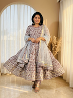 Wine Floral Butter Fabric Anarkali Suit Set with Filloxy Net Dupatta