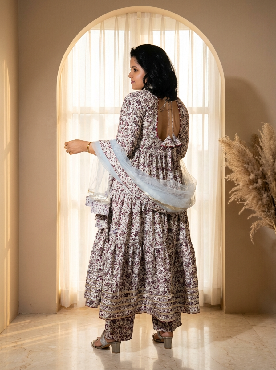 Wine Floral Butter Fabric Anarkali Suit Set with Filloxy Net Dupatta