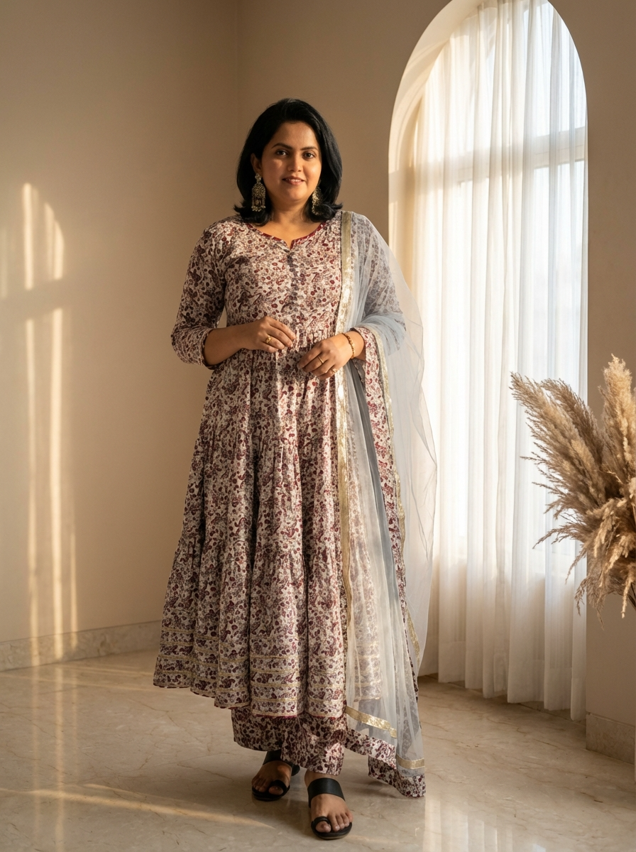 Wine Floral Butter Fabric Anarkali Suit Set with Filloxy Net Dupatta