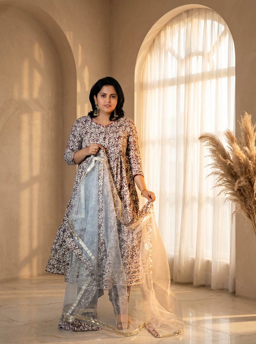 Wine Floral Butter Fabric Anarkali Suit Set with Filloxy Net Dupatta