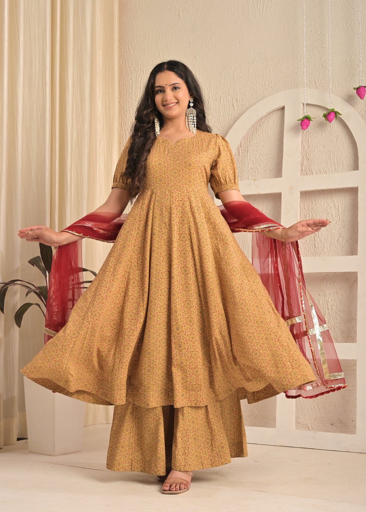 Beige Blossom Printed Anarkali Sharara Set with Red Dupatta