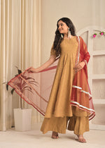 Beige Blossom Printed Anarkali Sharara Set with Red Dupatta