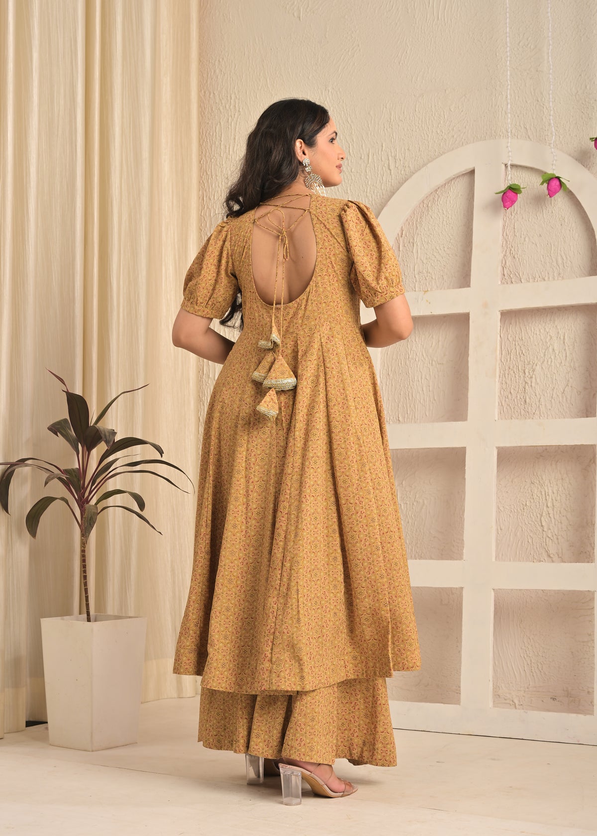 Beige Blossom Printed Anarkali Sharara Set with Red Dupatta