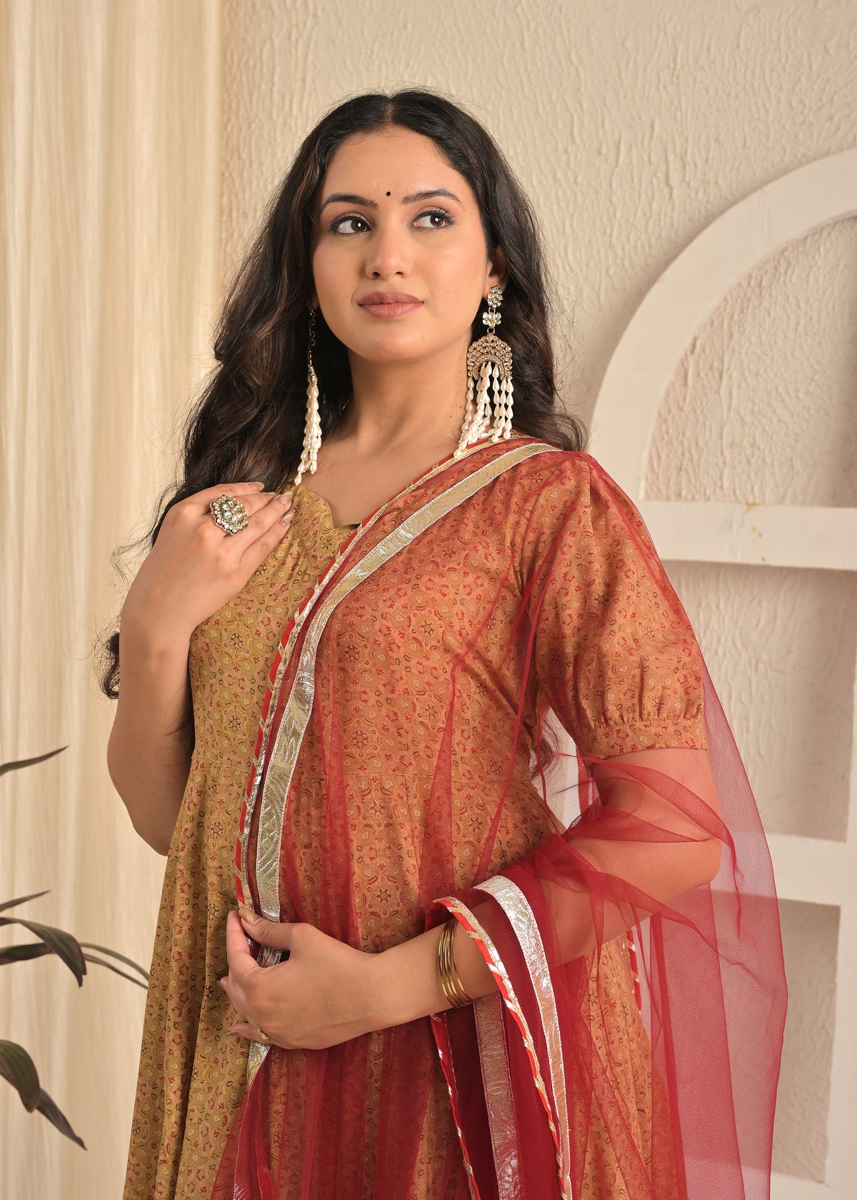 Beige Blossom Printed Anarkali Sharara Set with Red Dupatta