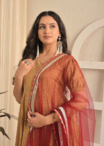 Beige Blossom Printed Anarkali Sharara Set with Red Dupatta