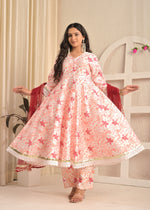 Ivory Blossom Printed Anarkali Set with Red Dupatta