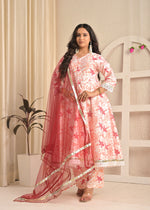 Ivory Blossom Printed Anarkali Set with Red Dupatta