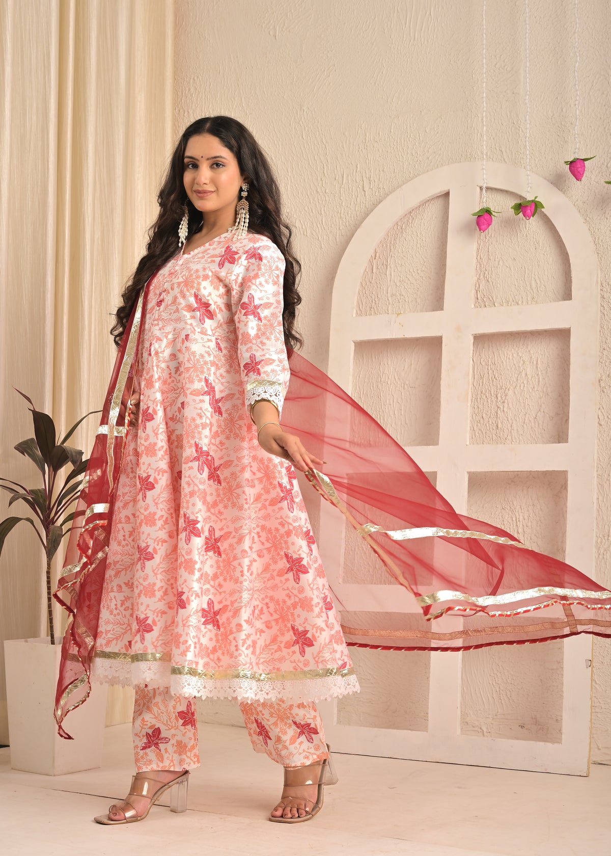 Ivory Blossom Printed Anarkali Set with Red Dupatta