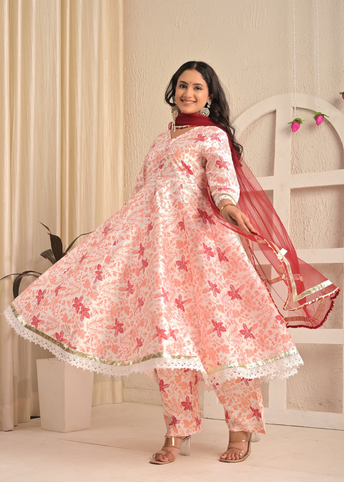 Ivory Blossom Printed Anarkali Set with Red Dupatta