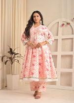 Ivory Blossom Printed Anarkali Set with Red Dupatta