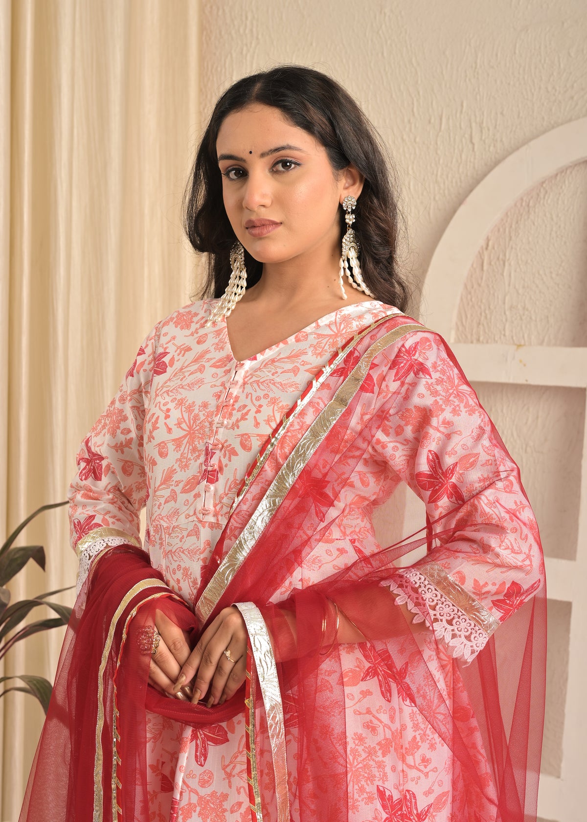 Ivory Blossom Printed Anarkali Set with Red Dupatta