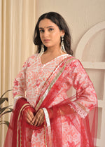 Ivory Blossom Printed Anarkali Set with Red Dupatta