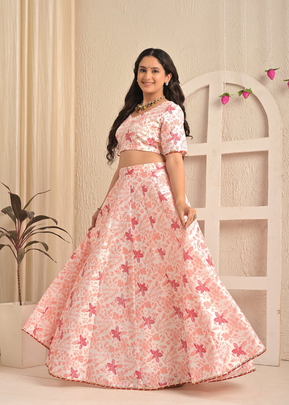 Rose Blush Floral Lehenga Set with Red Net Dupatta