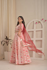 Rose Blush Floral Lehenga Set with Red Net Dupatta