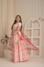 Rose Blush Floral Lehenga Set with Red Net Dupatta