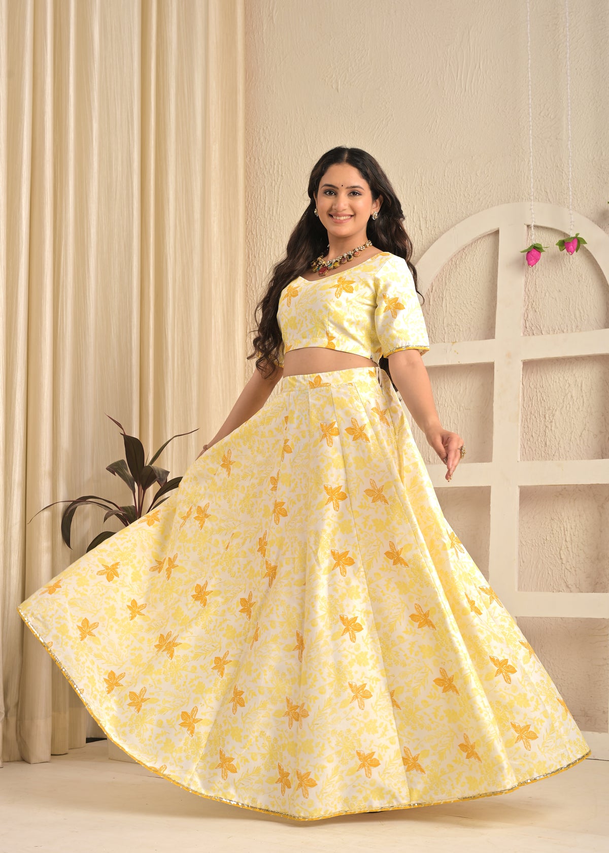Golden Aura Floral Printed Lehenga Set with Mustard Dupatta