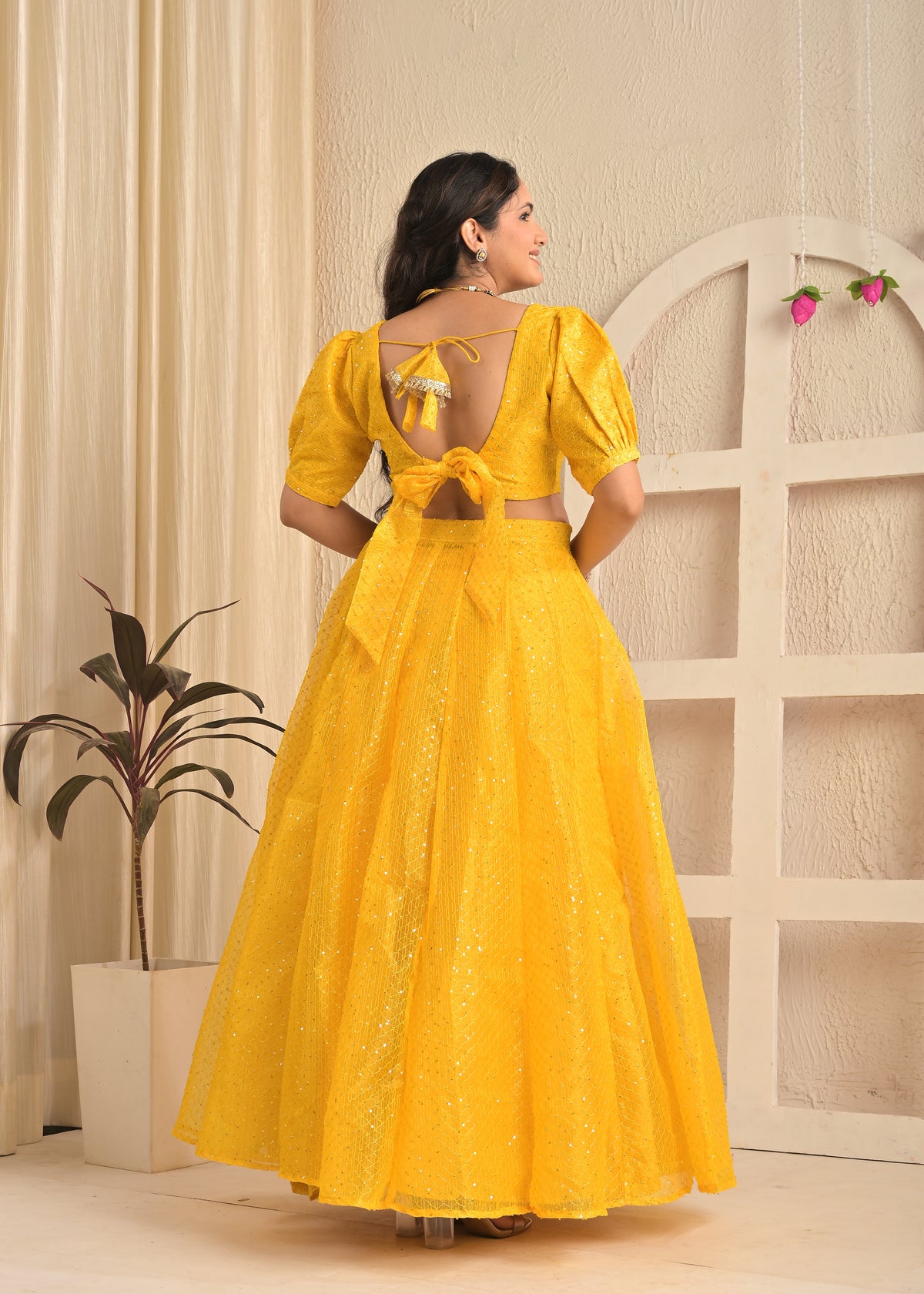 Golden Marigold Organza Sequin Embroidered Lehenga Set with Floral Dupatta