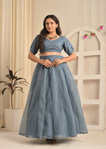 Smoky Blue Net Sequin Embroidered Lehenga Set with Floral Dupatta