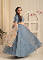 Smoky Blue Net Sequin Embroidered Lehenga Set with Floral Dupatta