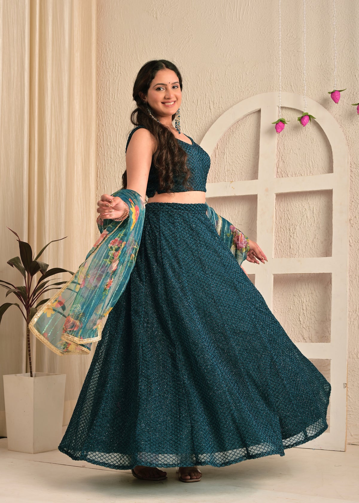 Midnight Teal Net Sequin Embroidered Lehenga Set with Floral Dupatta