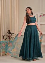 Midnight Teal Net Sequin Embroidered Lehenga Set with Floral Dupatta