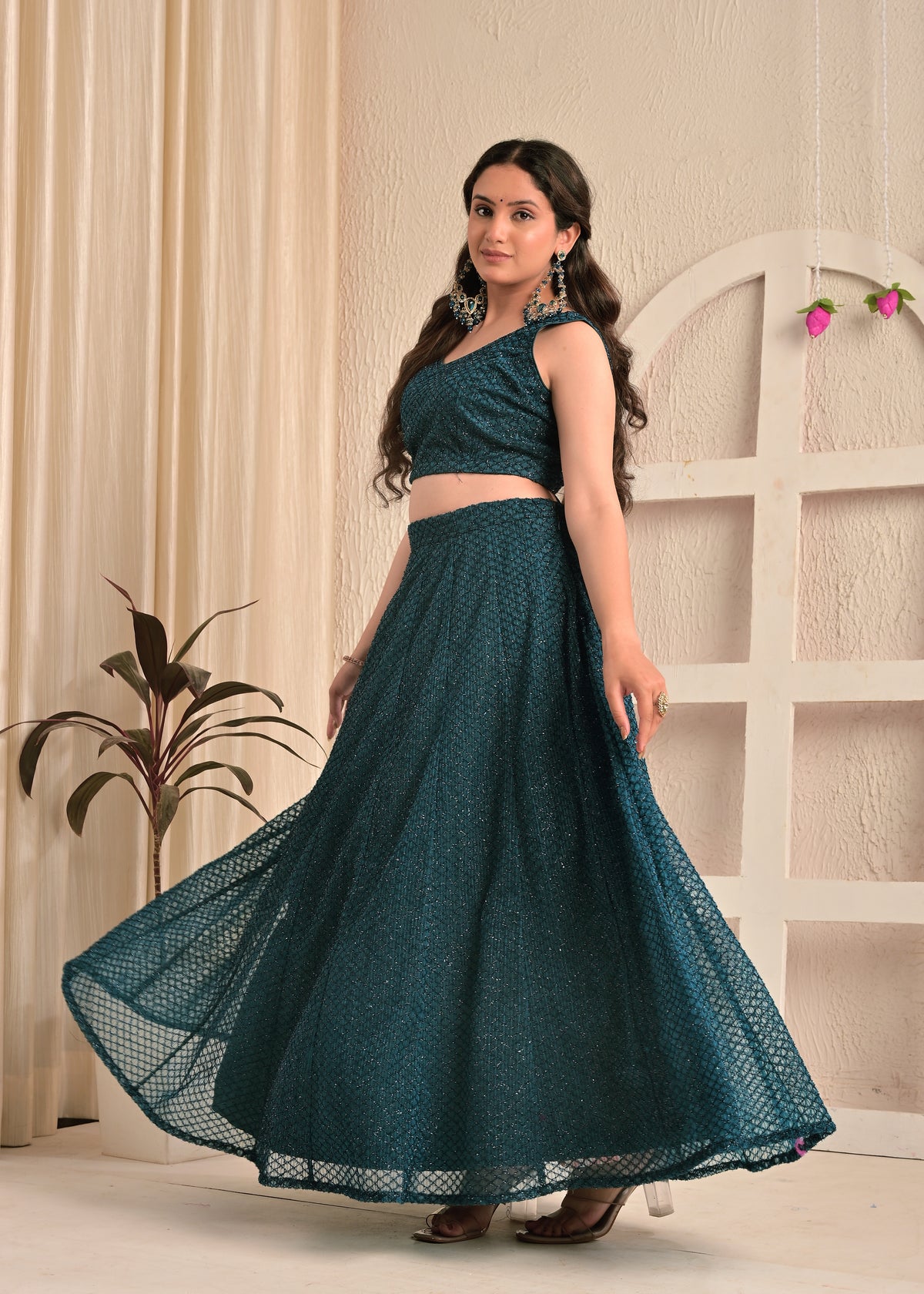 Midnight Teal Net Sequin Embroidered Lehenga Set with Floral Dupatta