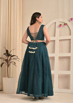 Midnight Teal Net Sequin Embroidered Lehenga Set with Floral Dupatta