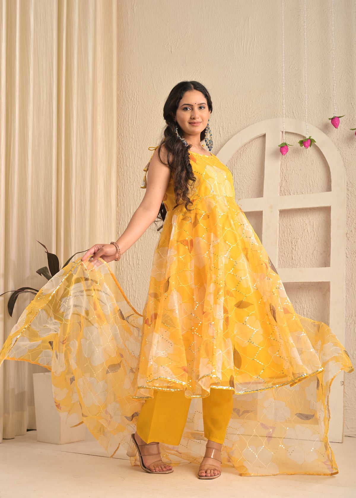 Golden Sunshine Organza Floral Anarkali Set with Dupatta