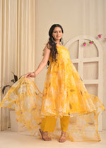 Golden Sunshine Organza Floral Anarkali Set with Dupatta