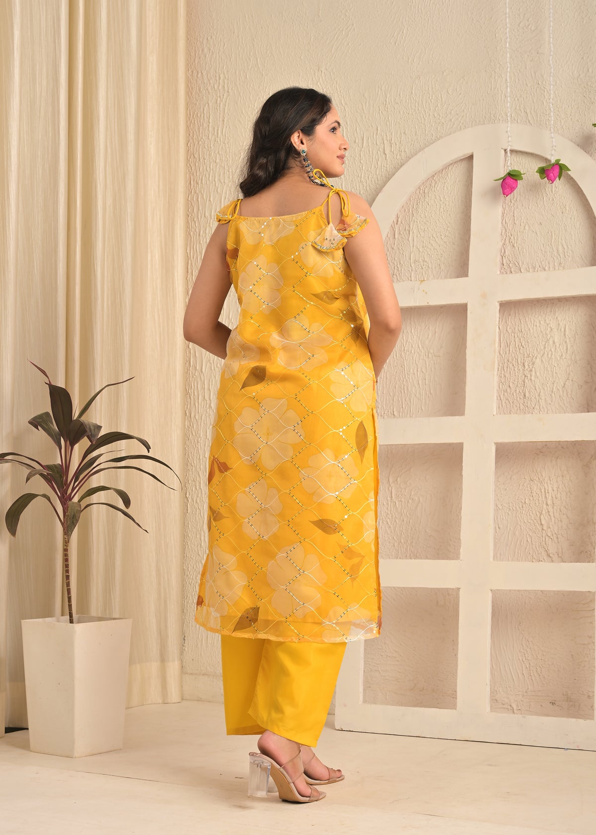 Golden Sunshine Organza Floral Kurta Set with Dupatta