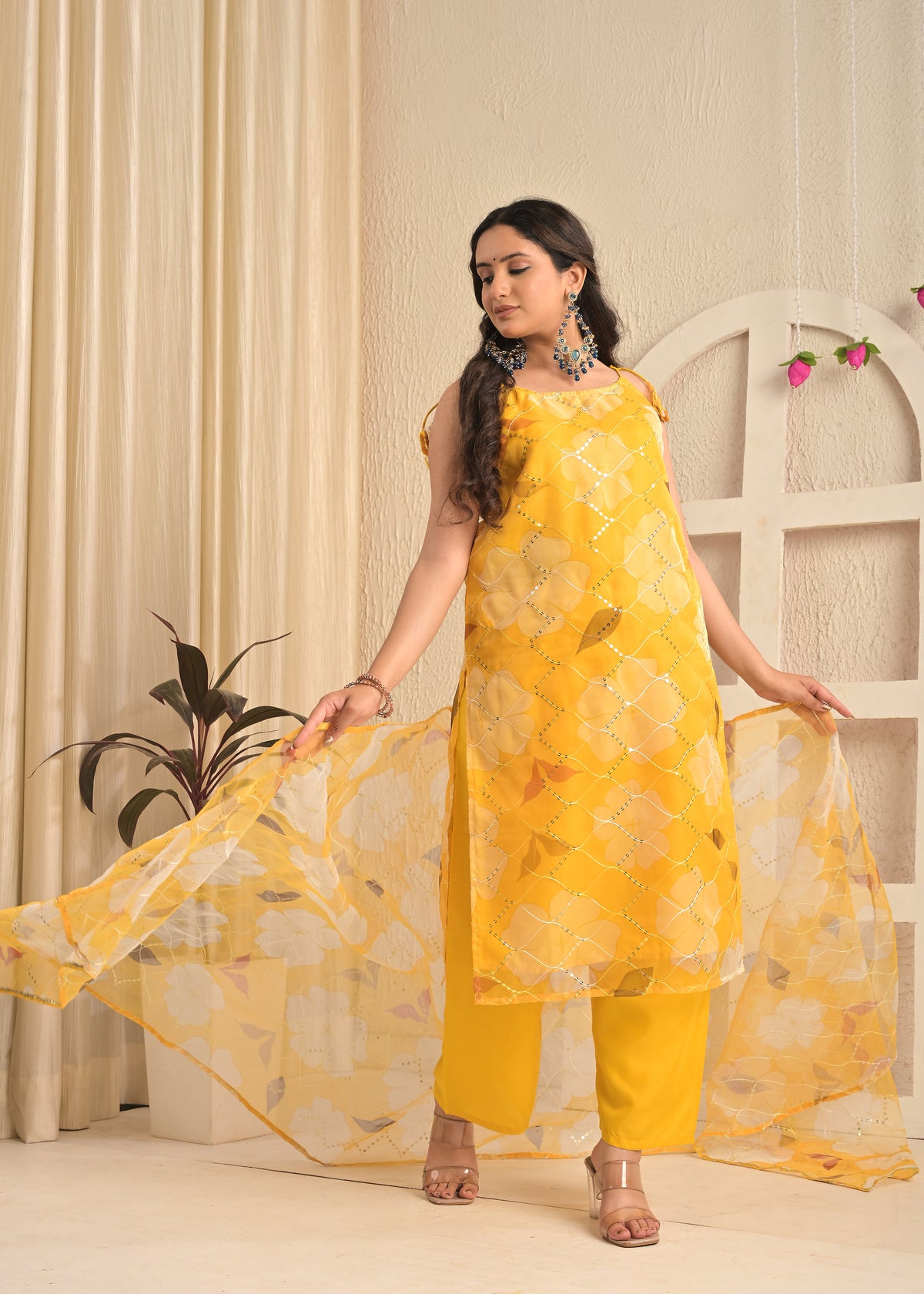 Golden Sunshine Organza Floral Kurta Set with Dupatta