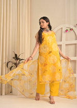 Golden Sunshine Organza Floral Kurta Set with Dupatta