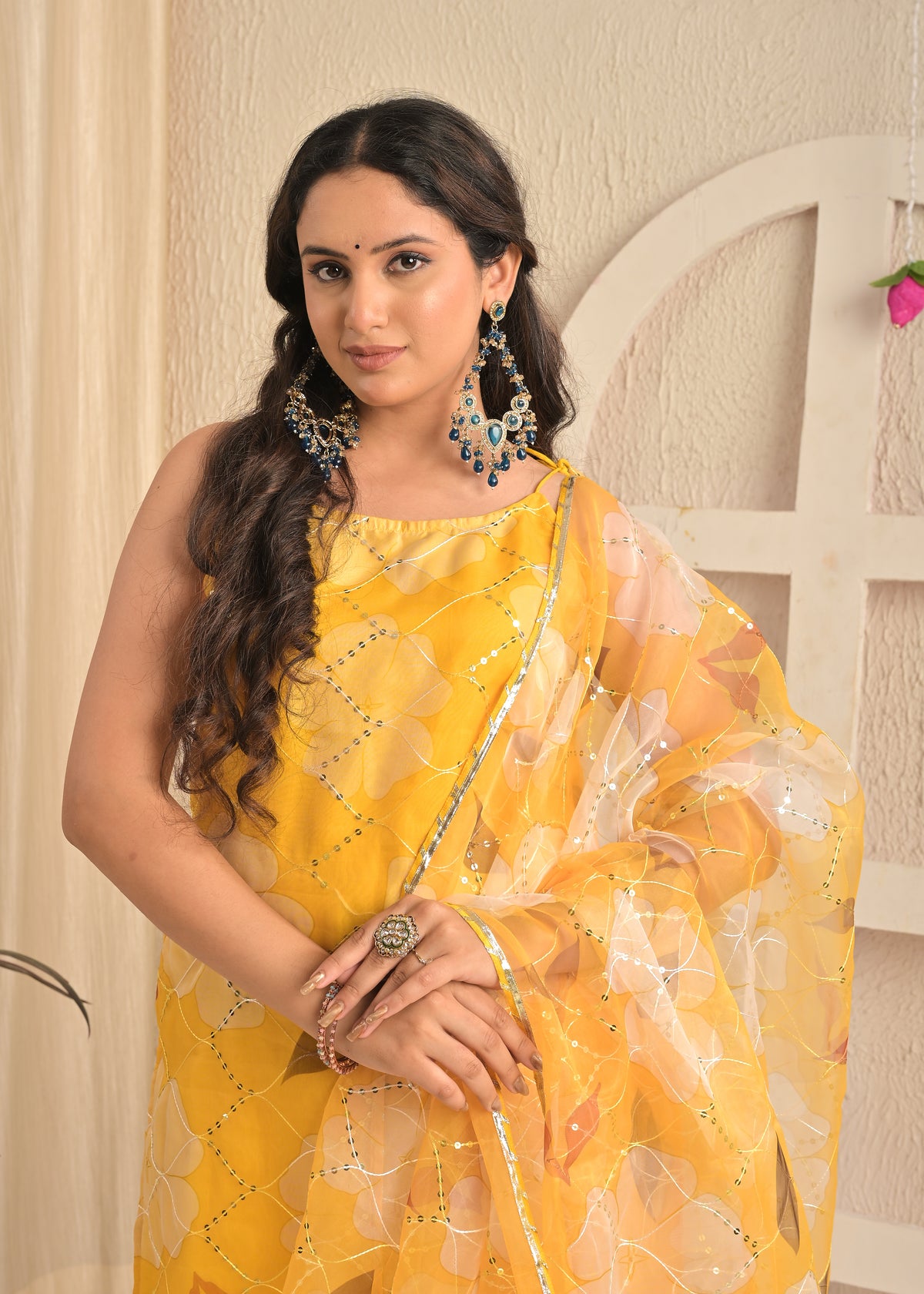 Golden Sunshine Organza Floral Kurta Set with Dupatta