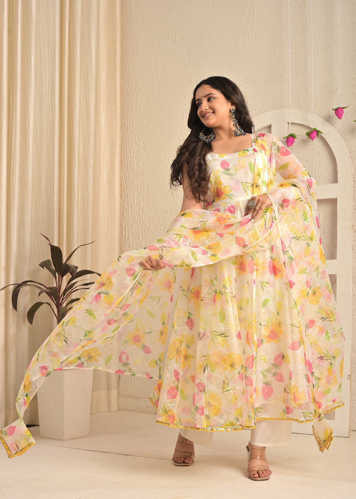 Ivory Bloom Organza Floral Anarkali Set with Dupatta